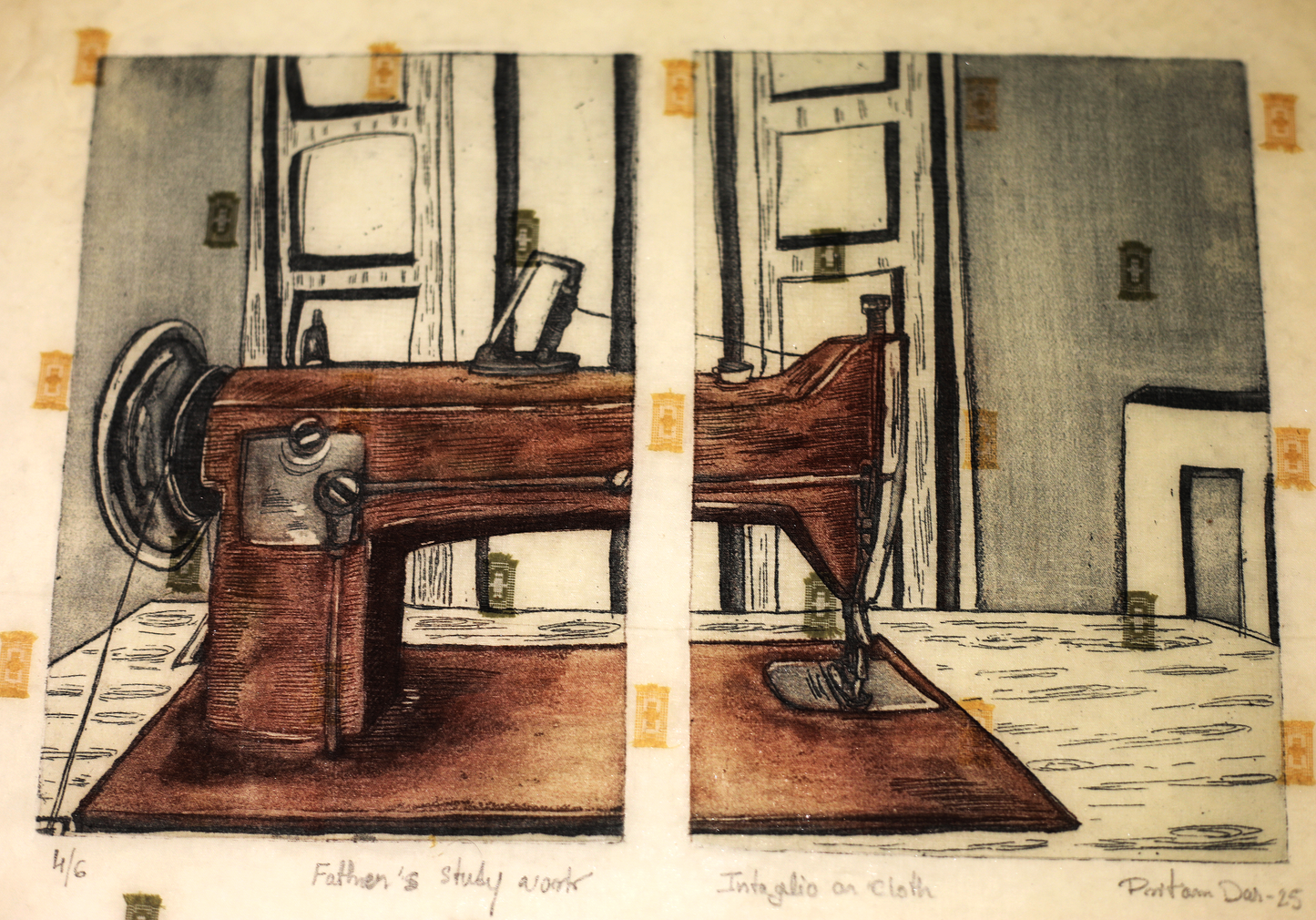 Contemporary Art Etching on Cloth Painting – “Father’s Study Work” by Pritam Das | Handmade Kolkata Artwork
