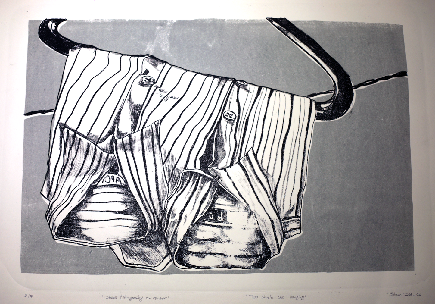 Contemporary Art Stone Lithograph Painting – “2 Shirts” by Pritam Das | Minimal Lifestyle Artwork from Kolkata