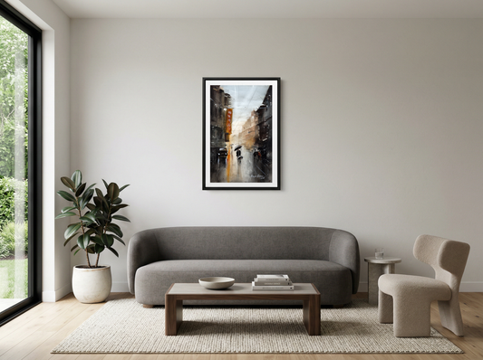 Cityscape in Amber Rain – Contemporary Urban Cityscape Painting (AB)