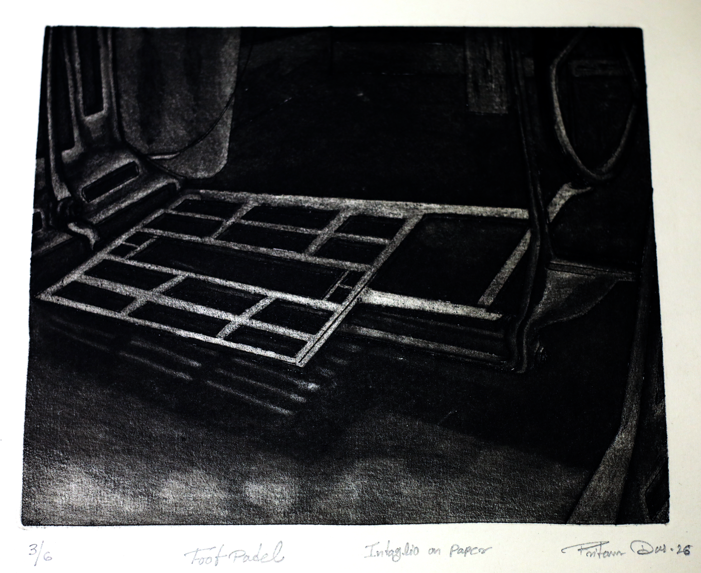 Contemporary Art Etching on Paper – “Foot Paddle” by Pritam Das | Minimal Industrial Printmaking Artwork