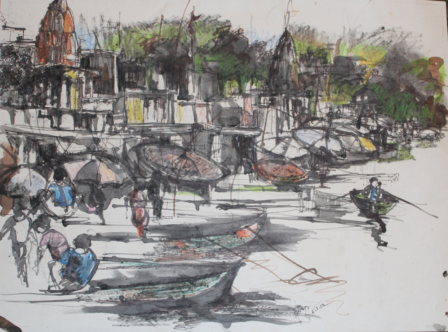 Artistic depiction of a Varanasi Ghat with boats and people, using a mix of black, gray, and green.