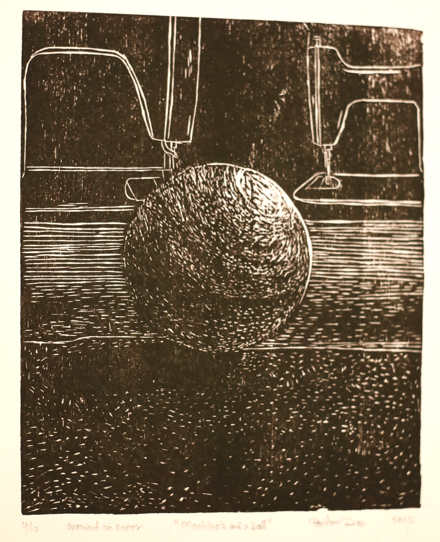 Contemporary Art Woodcut on Paper – “Machine & Ball” by Pritam Das | Minimal Industrial Artwork