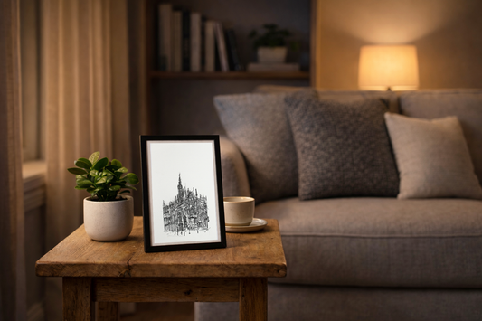 Original Pen & Ink Architectural Drawing – Historic European Cathedral – Black Ink Cityscape Sketch (SB)