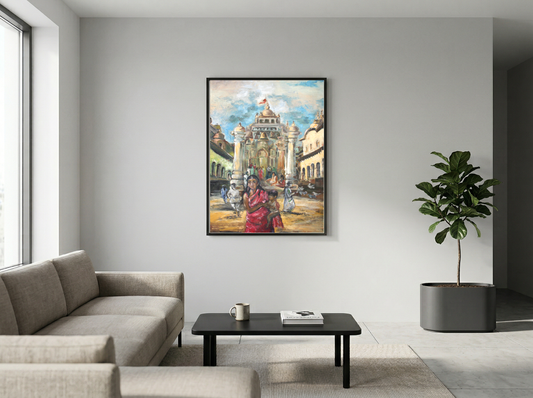 Original Indian Temple Scene Painting – Figurative Cultural Artwork with Architecture – Hand-Painted Heritage Fine Art (SB)