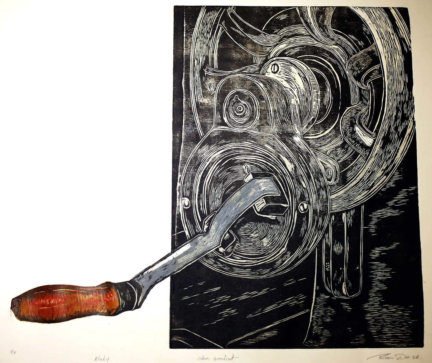 Contemporary Art Color Woodcut on Paper – “Study” by Pritam Das | Sewing Machine Mechanical Artwork