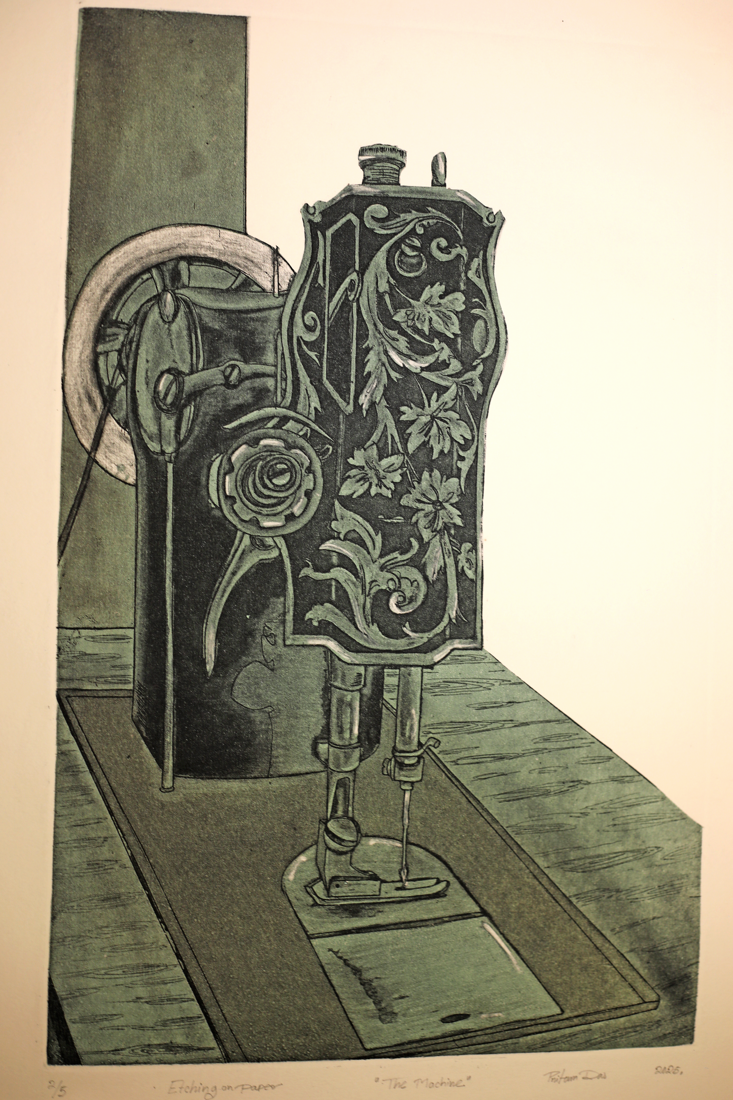 Contemporary Art Etching on Paper – “The Machine” by Pritam Das | Vintage Sewing Machine Handmade Artwork