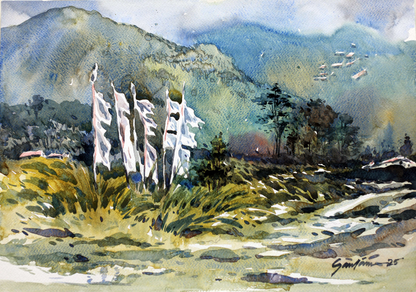 Watercolor Landscape – Himalayan Prayer Flags by Gautam Das | Serene Nature Painting