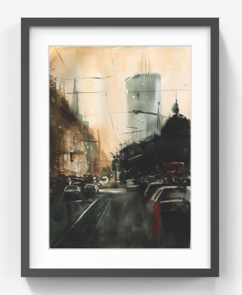 Cityscape at Dusk Glow – Contemporary Urban Cityscape Painting (AB)