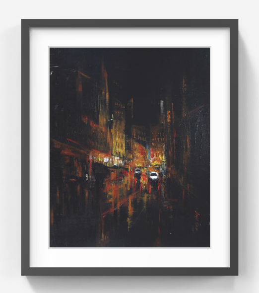 Cityscape After Dusk – Contemporary Urban Cityscape Painting (AB)