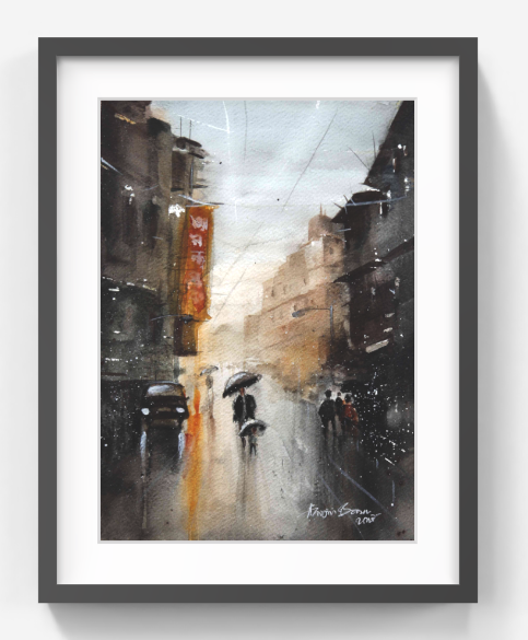 Cityscape in Amber Rain – Contemporary Urban Cityscape Painting (AB)