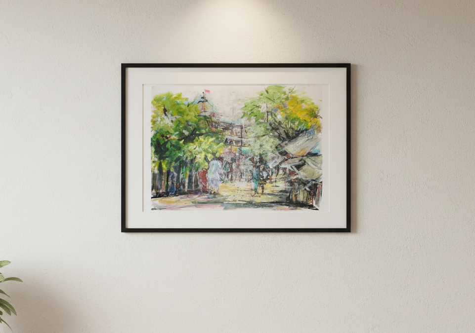 Original Mixed-Media Street Scene Painting – Colorful Urban India Artwork –