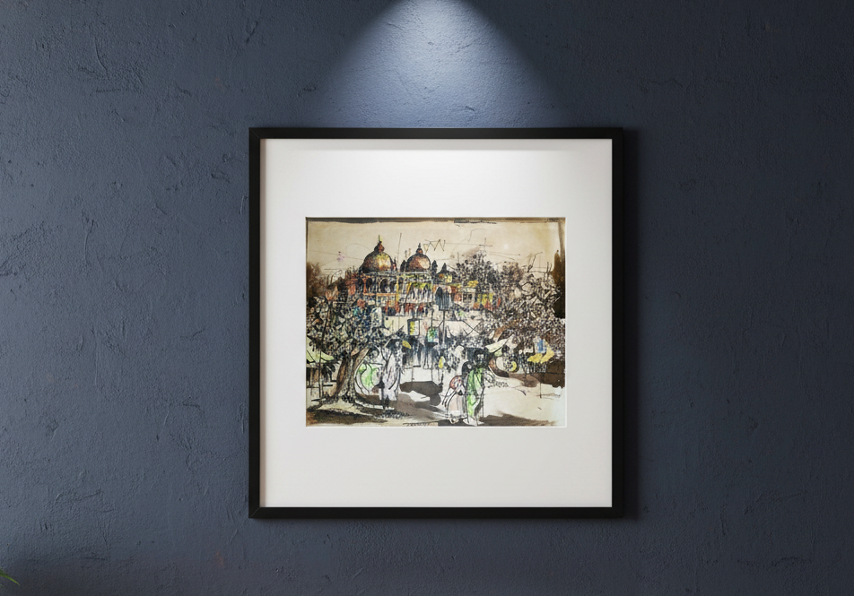 Original Mixed-Media Indian Architecture Painting – Vibrant Heritage Cityscape with Street Life – Handmade Cultural Wall Art (SB)