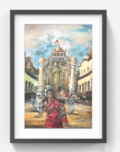 Original Indian Temple Scene Painting – Figurative Cultural Artwork with Architecture – Hand-Painted Heritage Fine Art (SB)