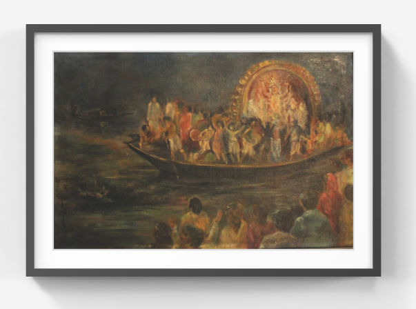 Original Durga Immersion Boat Painting – Indian Cultural Festival Art – Hand-Painted River Procession Artwork (SB)