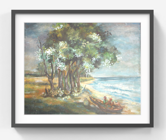 Original Landscape Painting – Serene Coastal Trees & Fishermen Scene – Handmade Nature Artwork for Wall Décor (SB)