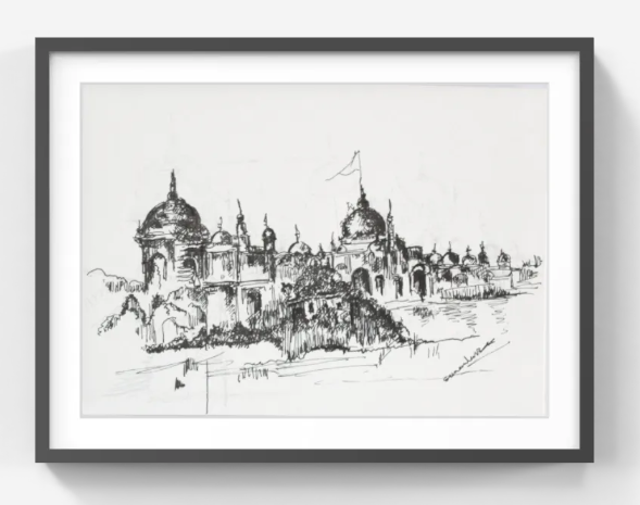 Original Pen & Ink Architectural Drawing – Historic Palace Cityscape – Black Ink Hand-Drawn Sketch (SB)