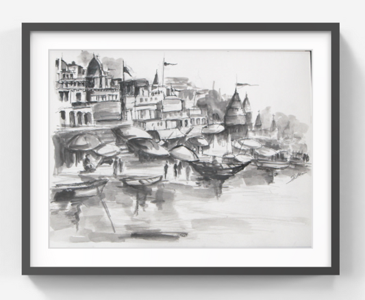 Original Ink & Wash Cityscape Drawing – Riverside Ghats with Boats – Monochrome Architectural Landscape Art (SB)