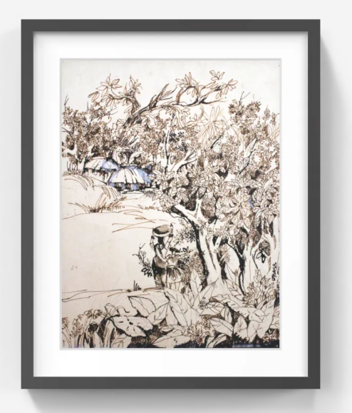 Original Pen & Ink Rural Landscape Drawing – Botanical Wall Art – Black & Brown Ink Artwork (SB)