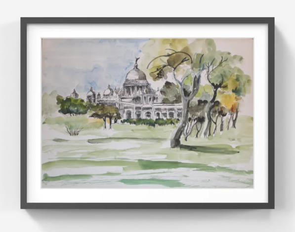 Victoria Memorial Kolkata – Original Watercolor & Ink Drawing – Handmade India Landmark Wall Decor (SB)