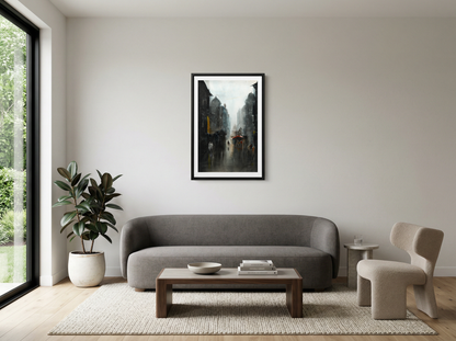 Cityscape with Red Umbrella – Contemporary Urban Cityscape Painting (AB)