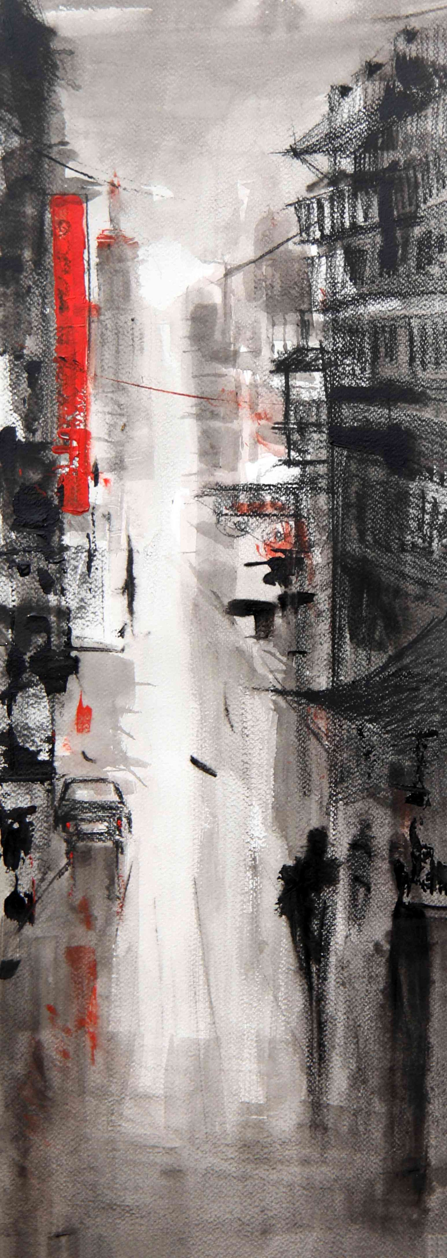 Cityscape of Quiet Passage – Contemporary Urban Cityscape Painting (AB)