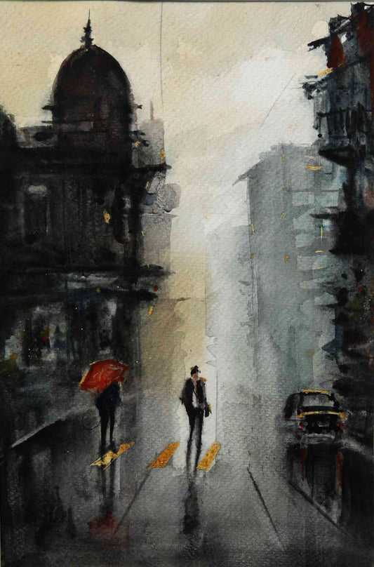 Cityscape with Silent Crossing – Contemporary Urban Cityscape Painting (AB)