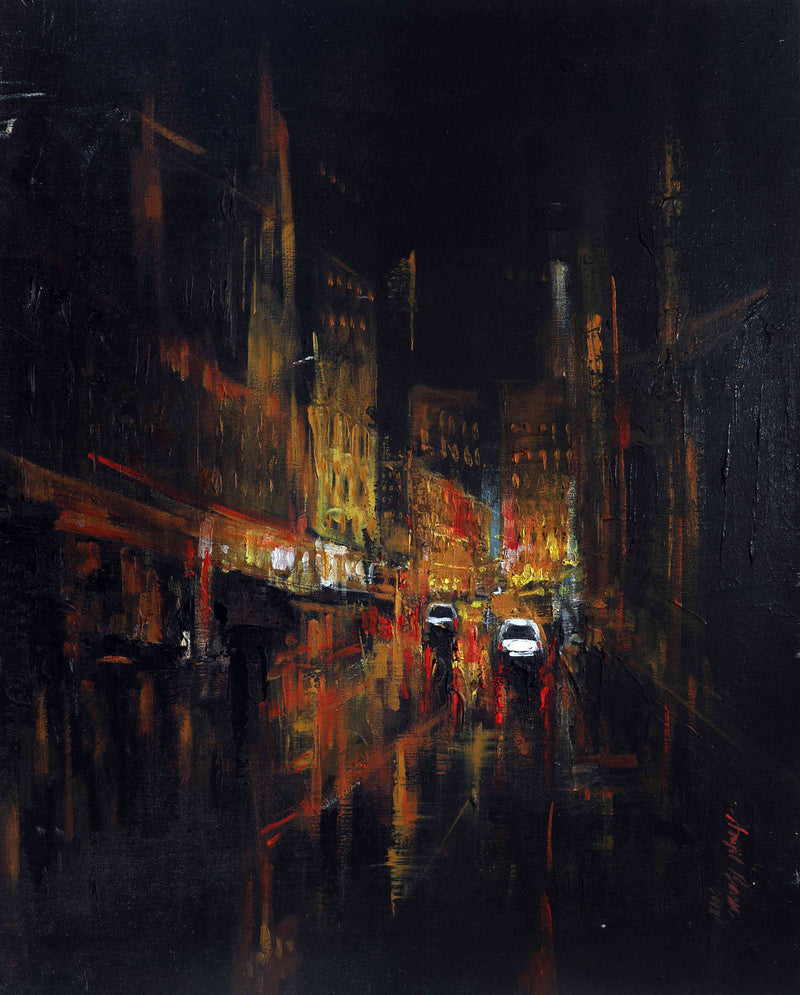 Cityscape After Dusk – Contemporary Urban Cityscape Painting (AB)