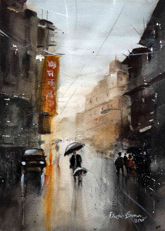 Cityscape in Amber Rain – Contemporary Urban Cityscape Painting (AB)