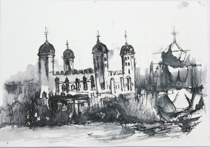 Black and white sketch of a castle with ships in front
