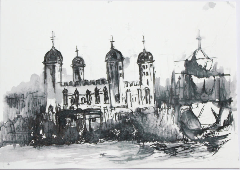 Black and white sketch of a castle with ships in front
