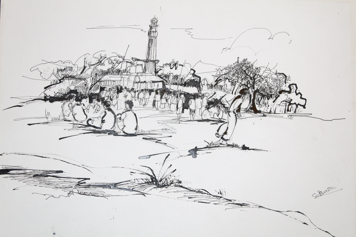 Original Pen & Ink Urban Landscape Drawing – Public Square with Monument – Black Ink Figurative City Sketch (SB)