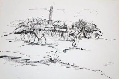Original Pen & Ink Urban Landscape Drawing – Public Square with Monument – Black Ink Figurative City Sketch (SB)