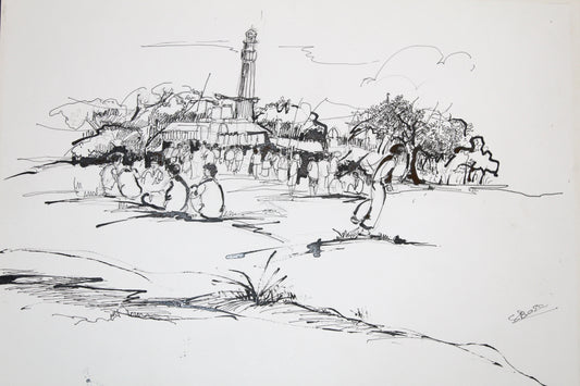 Original Pen & Ink Urban Landscape Drawing – Public Square with Monument – Black Ink Figurative City Sketch (SB)