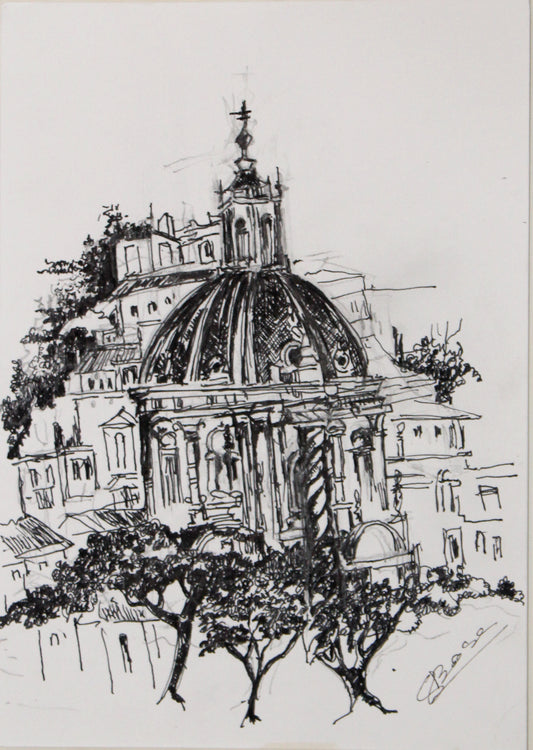Original Pen & Ink Architectural Drawing – Domed Historic Building – Black Ink Classical Cityscape Sketch (SB)