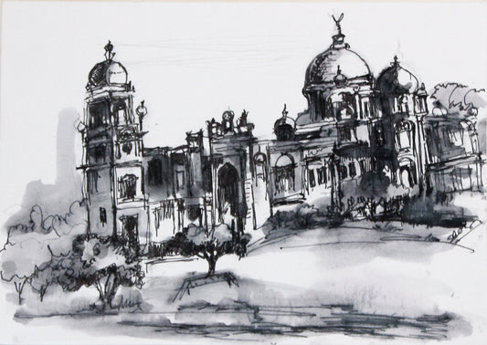 Black and white sketch of a large architectural building with domes and towers.