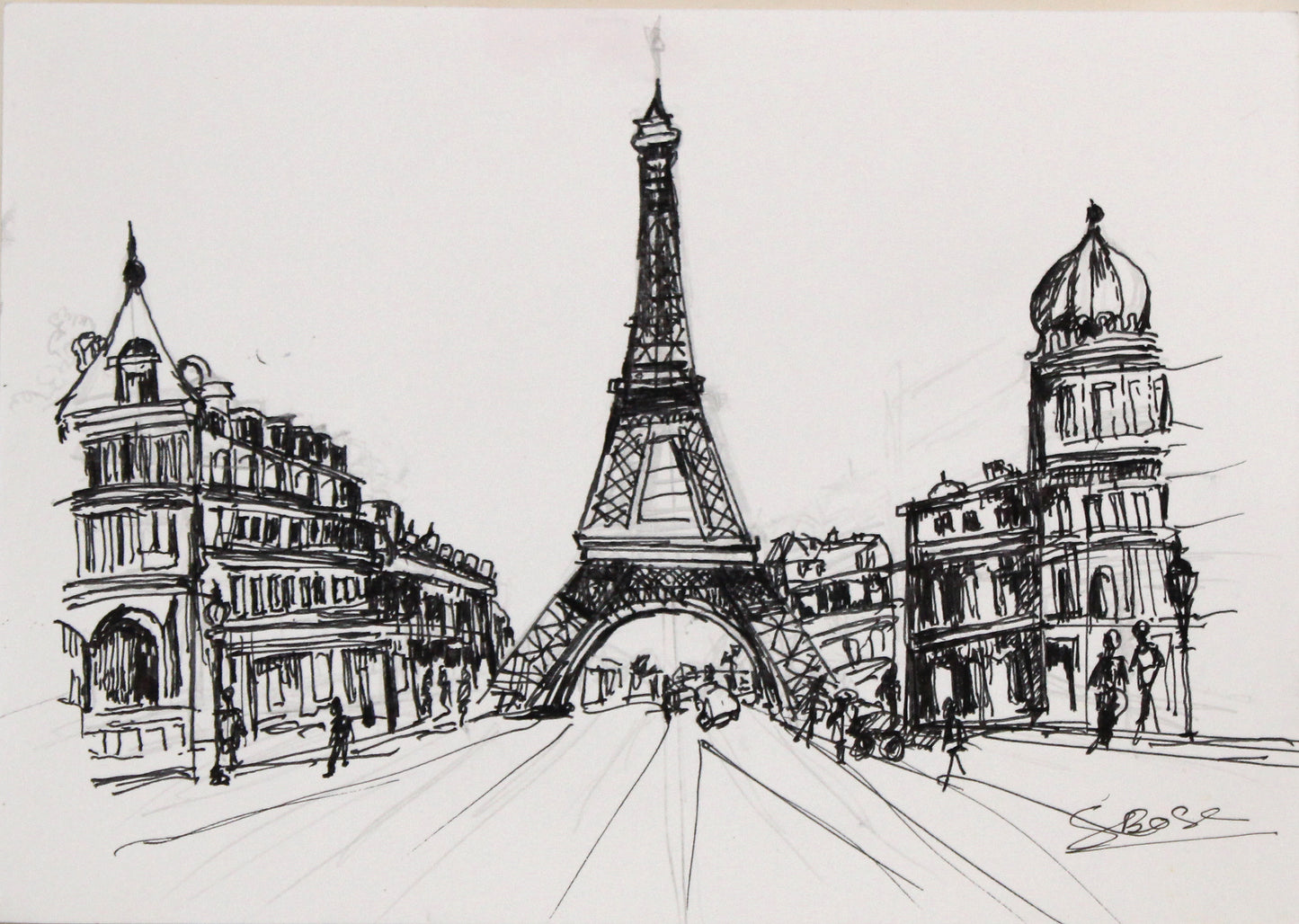 Original Pen & Ink Paris Cityscape Drawing – Eiffel Tower Street View – Black Ink Architectural Sketch (SB)