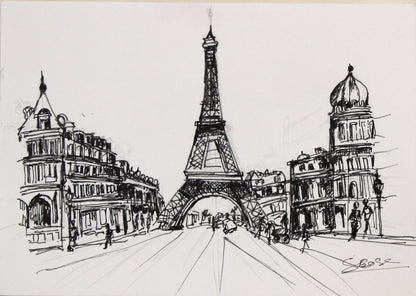 Original Pen & Ink Paris Cityscape Drawing – Eiffel Tower Street View – Black Ink Architectural Sketch (SB)