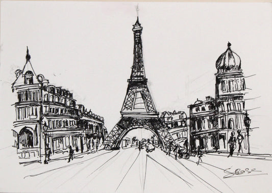 Original Pen & Ink Paris Cityscape Drawing – Eiffel Tower Street View – Black Ink Architectural Sketch (SB)