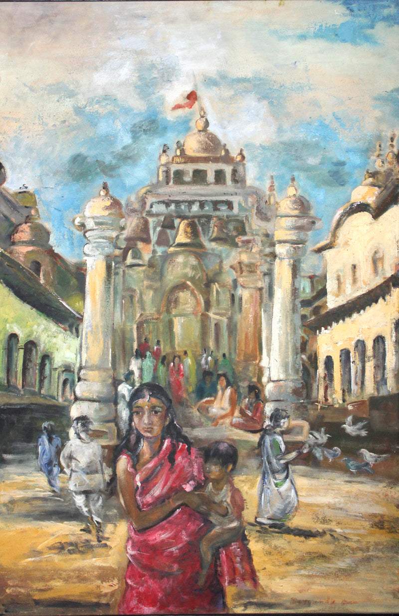 Painting of a woman with a child in front of a Mandir. Indian painting.