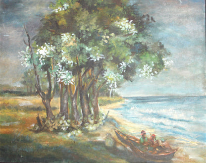Painting of a serene lakeside scene with trees and a boat.