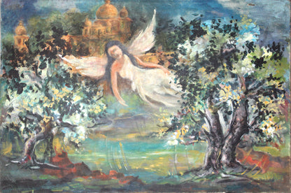 Painting of a fairy in a garden with a castle in the background