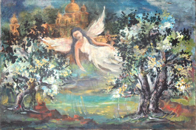 Painting of a fairy in a garden with a castle in the background