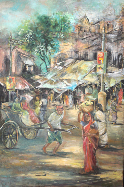 Painting of a bustling street scene with people and a rickshaw in an urban setting.