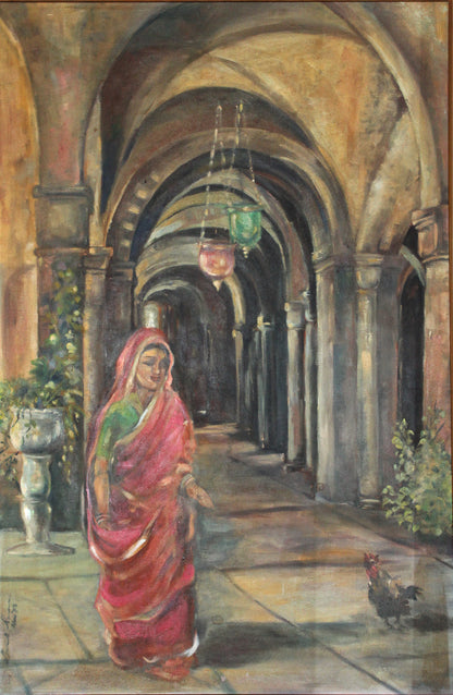 Painting of a woman in a red sari walking through an arched hallway with hanging lanterns.
