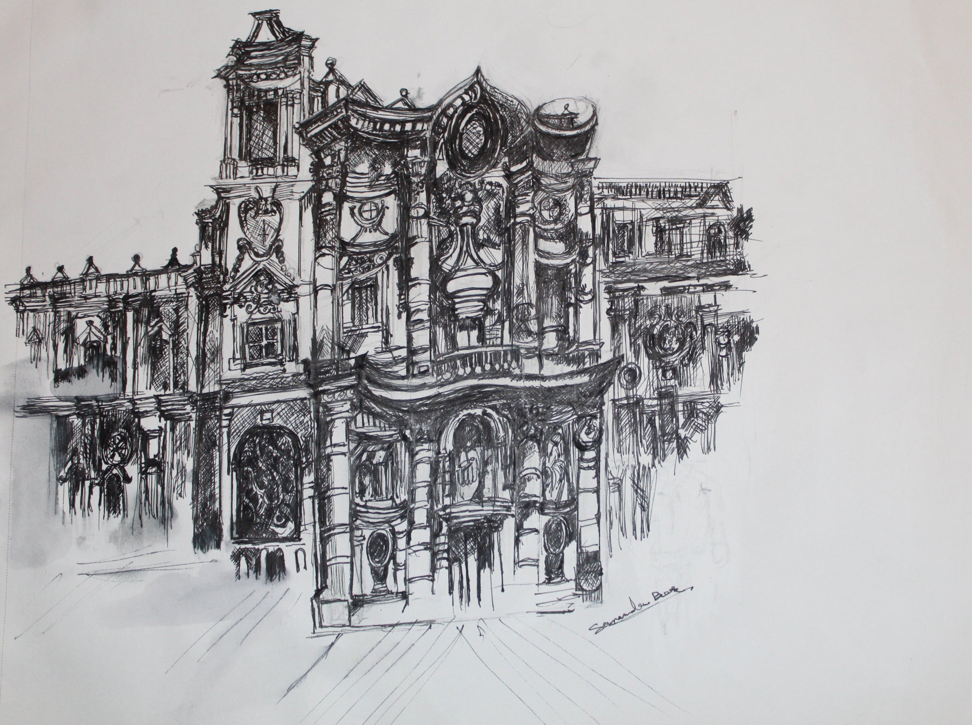 Black and white pen sketch of an ornate building