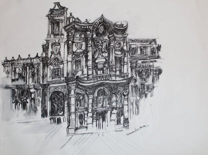 Black and white pen sketch of an ornate building