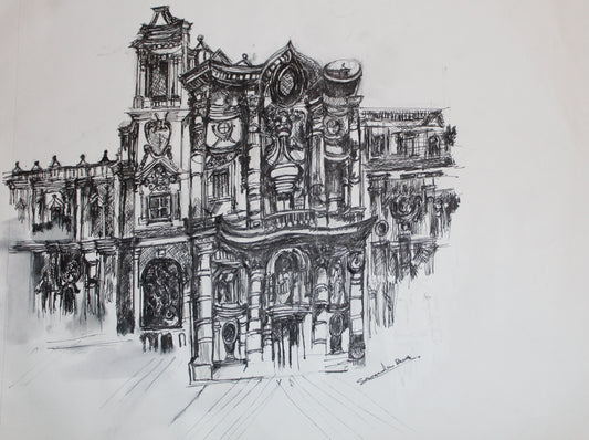 Black and white pen sketch of an ornate building
