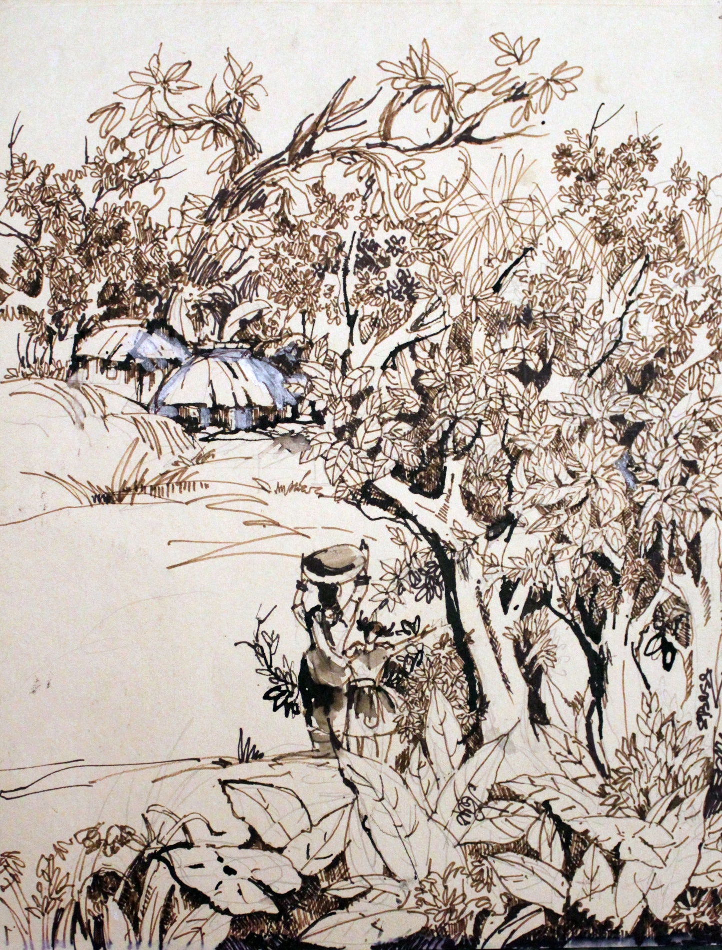 Artistic depiction of a landscape with trees and a person holding a basket.