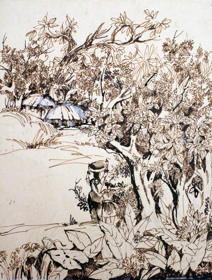 Artistic depiction of a landscape with trees and a person holding a basket.