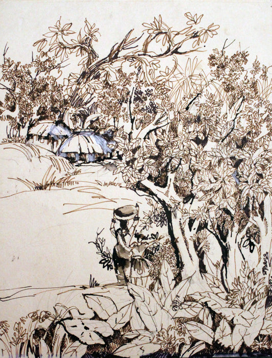 Artistic depiction of a landscape with trees and a person holding a basket.